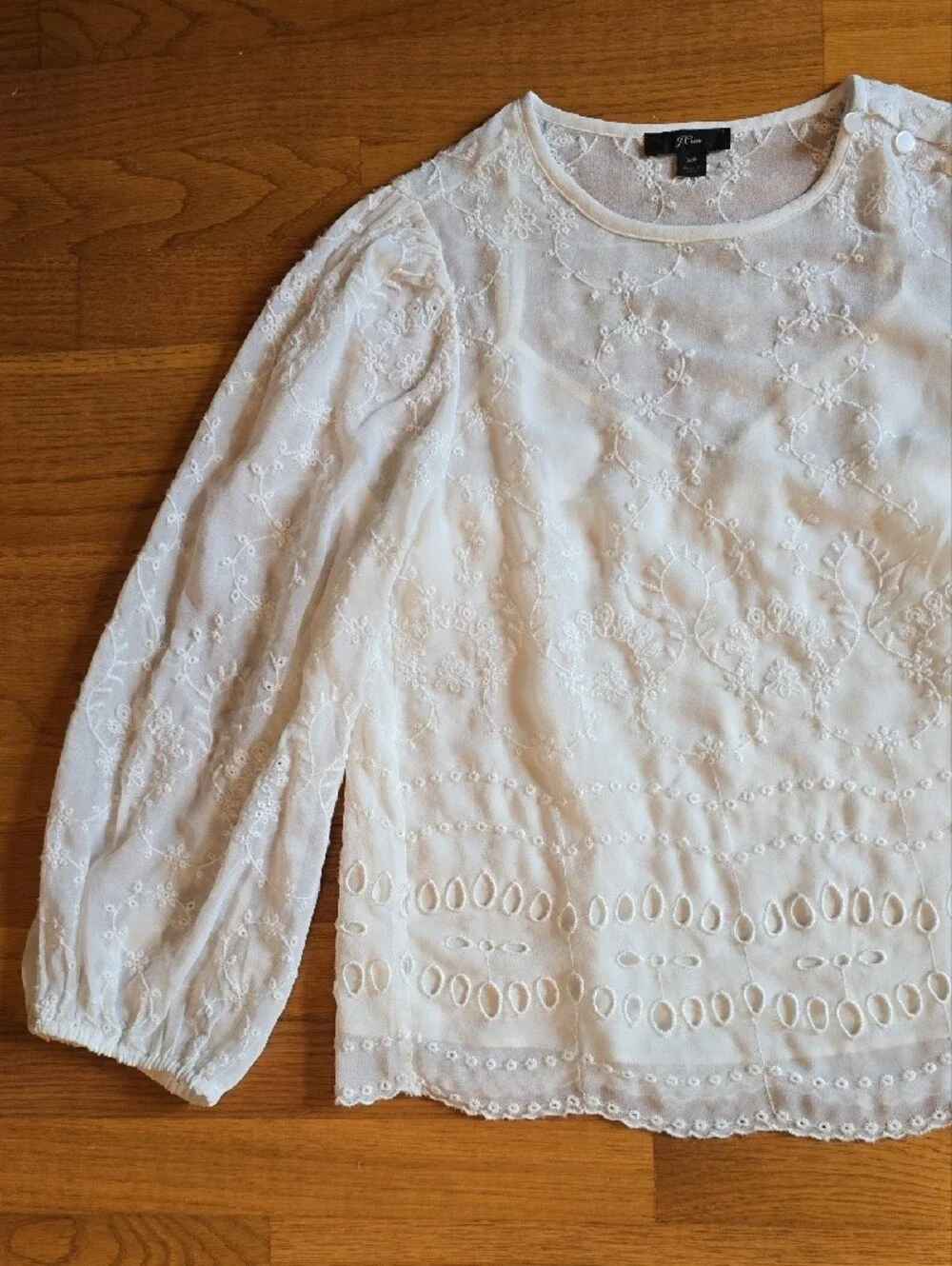 J. Crew Sheer White Eyelet Romantic Embroidered Long-Sleeve Blouse | XS